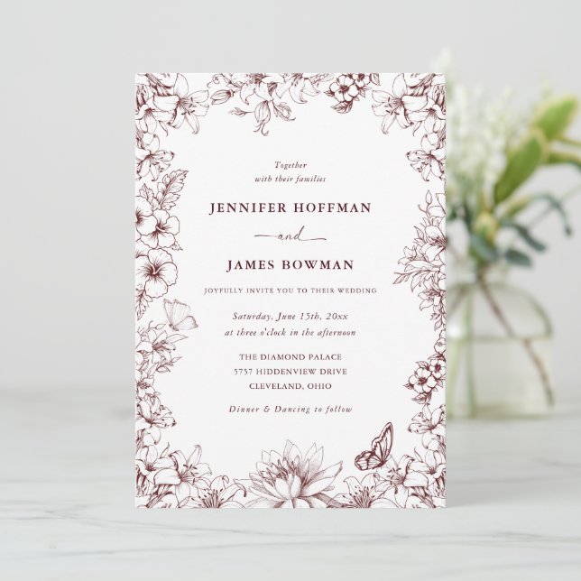 Convite Elegant Floral Burgundy Wedding Invitation (Em pé/Frente)