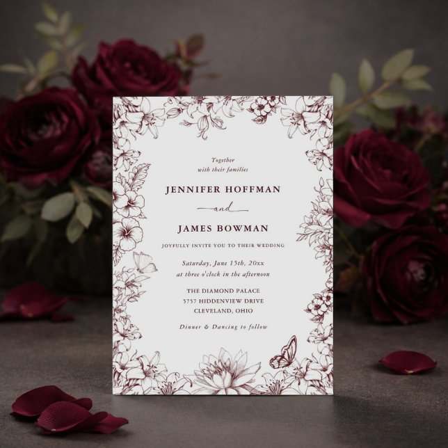 Convite Elegant Floral Burgundy Wedding Invitation (Criador carregado)