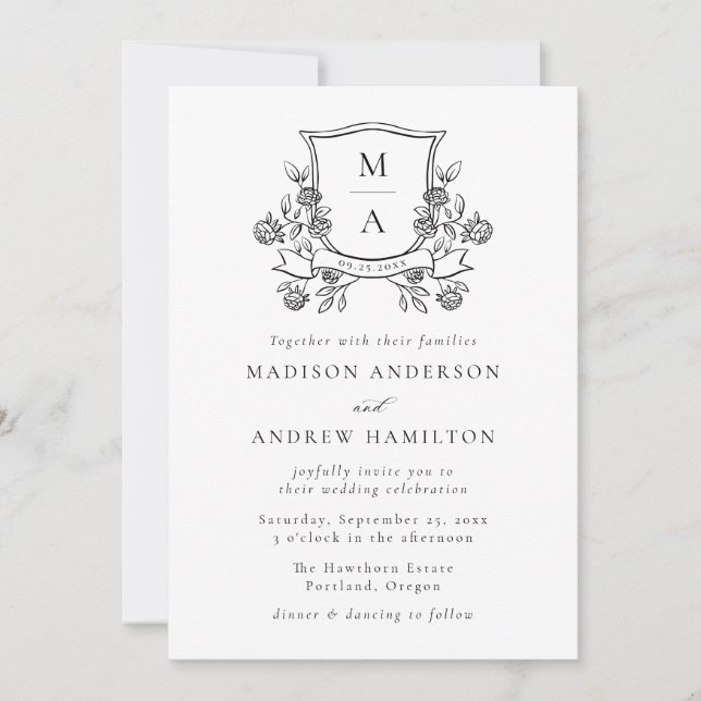 Convite Elegant Floral Crest Monogram All in One Wedding (Frente)