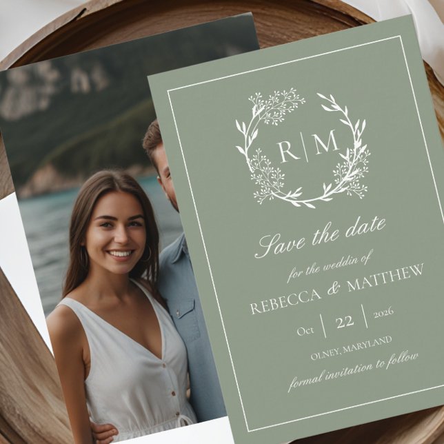 Convite Elegant Floral Crest Monogram Photo (Elegant Floral Crest Monogram Photo Save the Date)