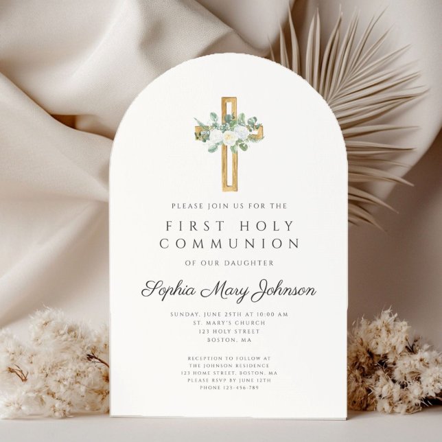 Convite Elegant Floral Cross Girl First Holy Communion (Elegant Floral Cross Girl First Holy Communion Invitation)