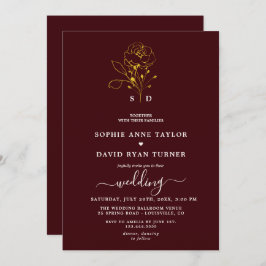 Convite Elegant Floral Deep Burgundy Gold Monogram Wedding