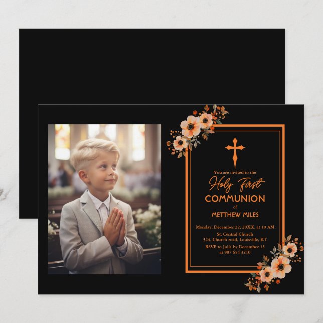 Convite Elegant floral first católica communion (Frente/Verso)