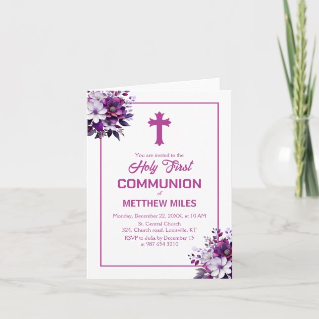 Convite Elegant floral first católica communion (Frente)