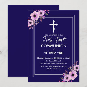 Convite Elegant floral first católica communion