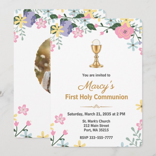 Convite Elegant Floral First Holy Communion Photo  (Frente/Verso)