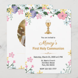 Convite Elegant Floral First Holy Communion Photo 