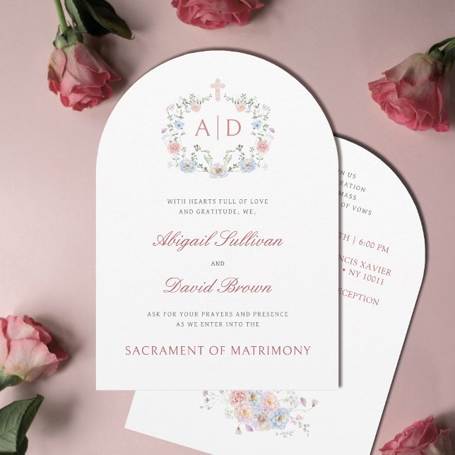 Convite Elegant Floral Frame Monograms Catholic Wedding (Criador carregado)