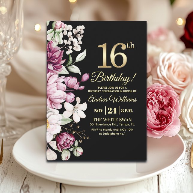 Convite Elegant Floral Gold 16 Birthday Party (Criador carregado)
