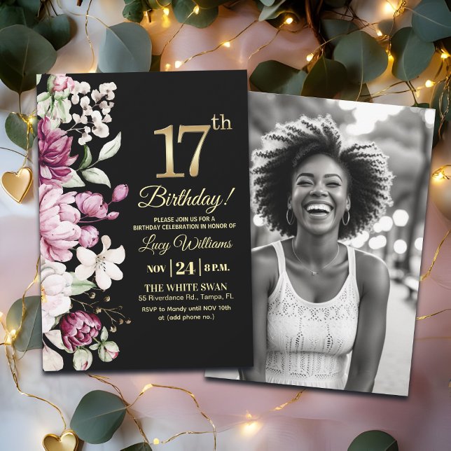 Convite Elegant Floral Gold 17 Birthday Photo (Criador carregado)