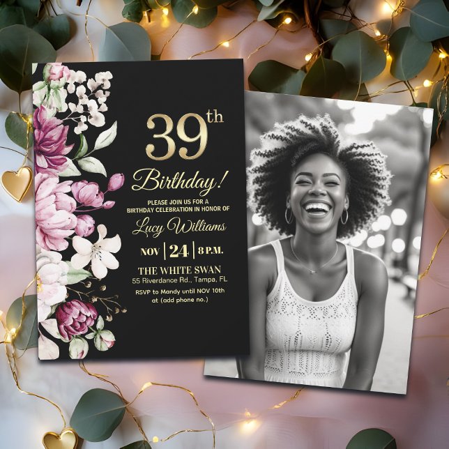 Convite Elegant Floral Gold 39 Birthday Photo (Criador carregado)