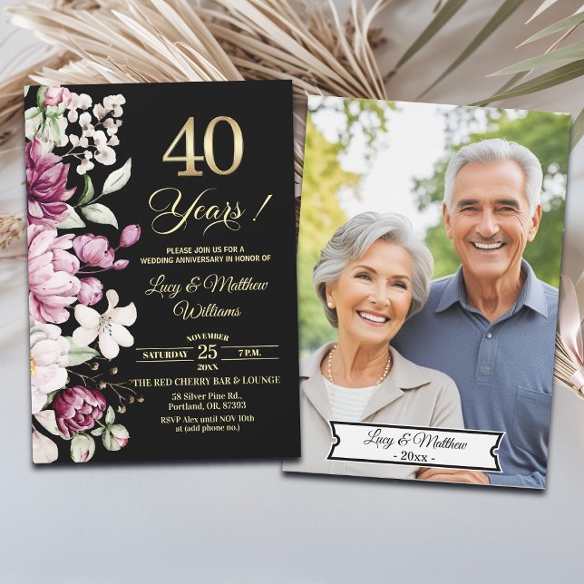 Convite Elegant Floral Gold 40th Wedding Anniversary Photo (Criador carregado)