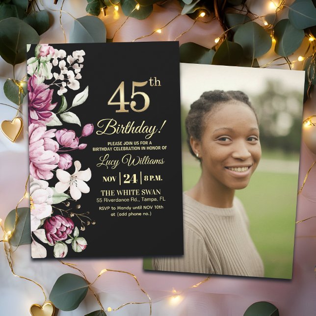 Convite Elegant Floral Gold 45 Birthday Photo (Criador carregado)