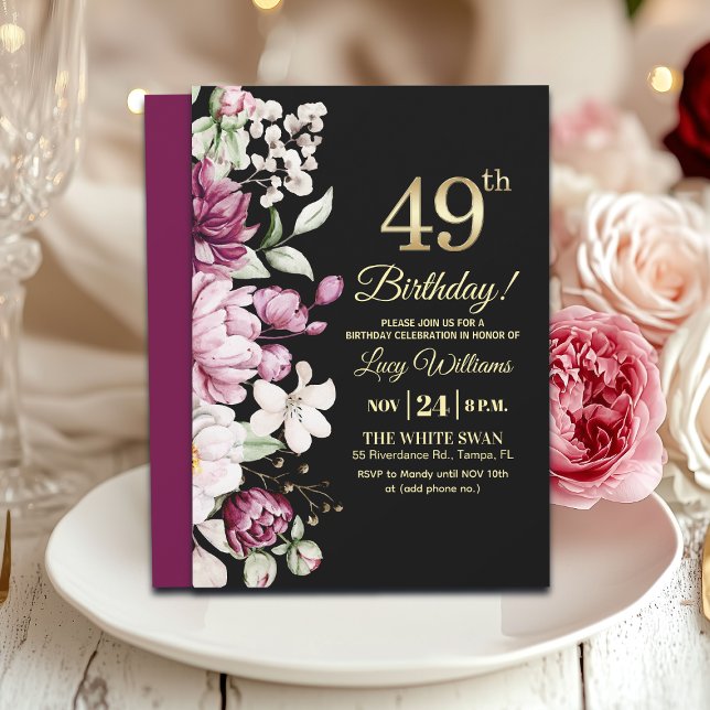 Convite Elegant Floral Gold 49 Birthday Party (Criador carregado)