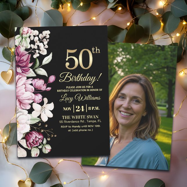 Convite Elegant Floral Gold 50 Birthday Photo (Criador carregado)
