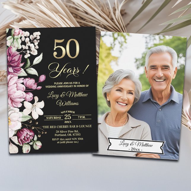 Convite Elegant Floral Gold 50th Wedding Anniversary Photo (Criador carregado)