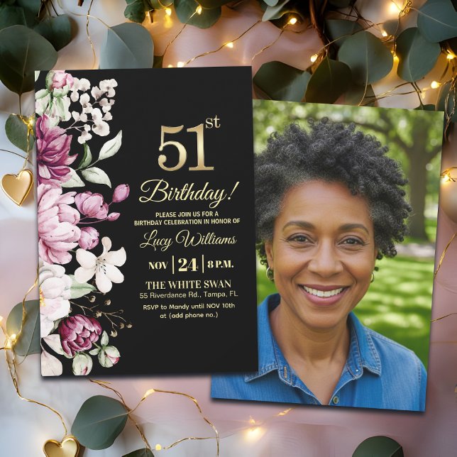 Convite Elegant Floral Gold 51 Birthday Photo (Criador carregado)