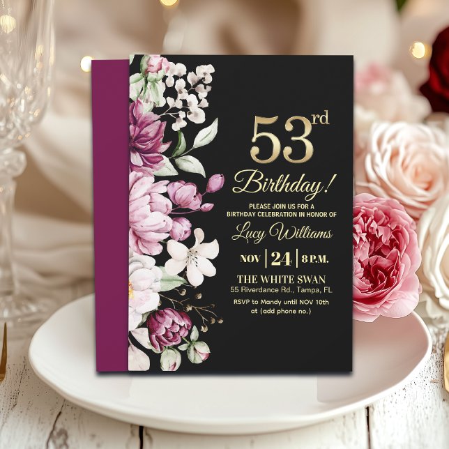 Convite Elegant Floral Gold 53 Birthday Party (Criador carregado)