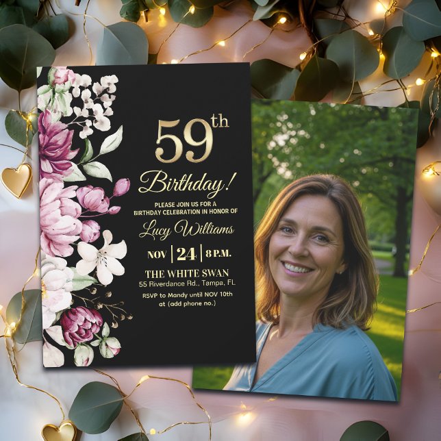 Convite Elegant Floral Gold 59 Birthday Photo (Criador carregado)