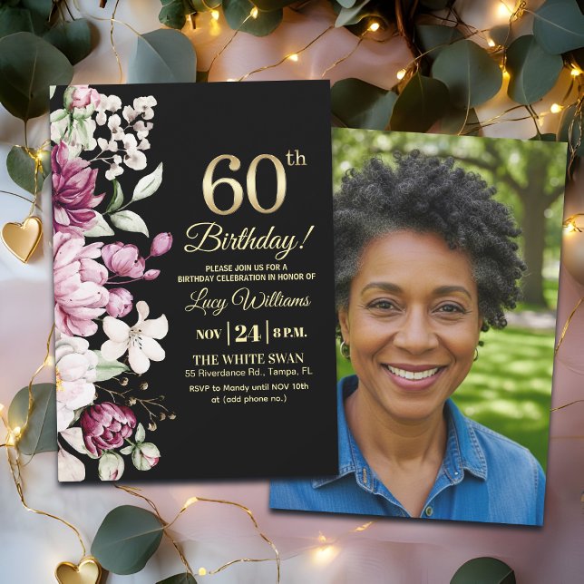 Convite Elegant Floral Gold 60 Birthday Photo (Criador carregado)