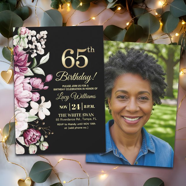 Convite Elegant Floral Gold 65 Birthday Photo (Criador carregado)