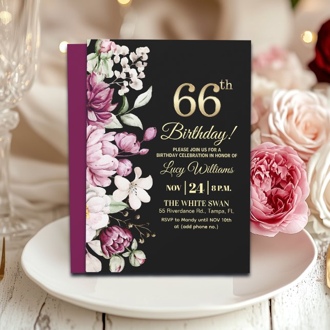 Convite Elegant Floral Gold 66 Birthday Party (Criador carregado)