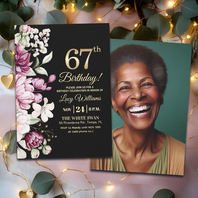 Convite Elegant Floral Gold 67 Birthday Photo (Criador carregado)