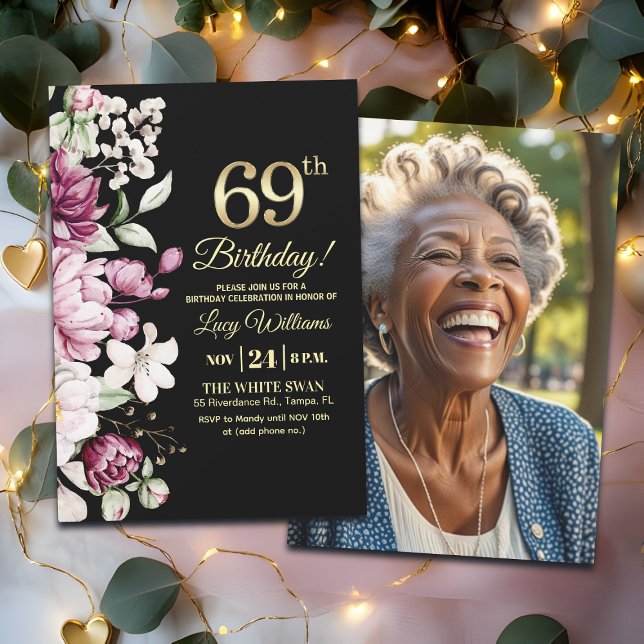 Convite Elegant Floral Gold 69 Birthday Photo (Criador carregado)