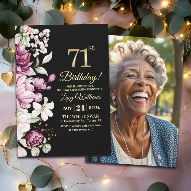 Convite Elegant Floral Gold 71 Birthday Photo (Criador carregado)