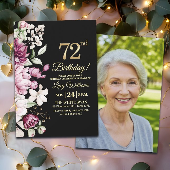 Convite Elegant Floral Gold 72 Birthday Photo (Criador carregado)