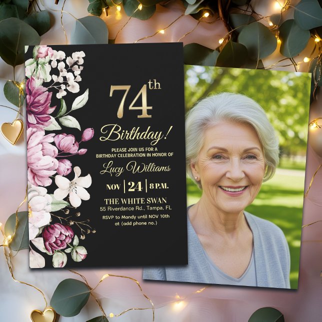 Convite Elegant Floral Gold 74 Birthday Photo (Criador carregado)