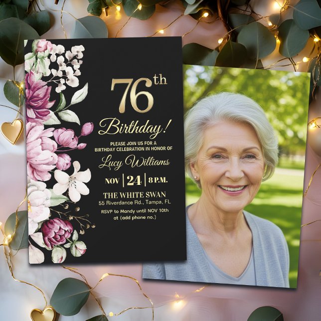 Convite Elegant Floral Gold 76 Birthday Photo (Criador carregado)