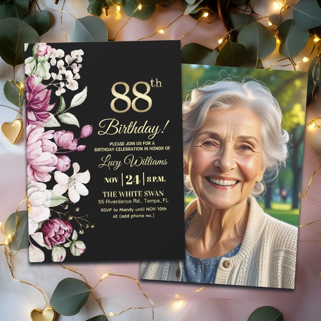 Convite Elegant Floral Gold 88 Birthday Photo (Criador carregado)