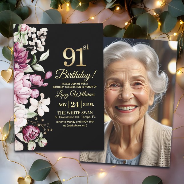Convite Elegant Floral Gold 91 Birthday Photo (Criador carregado)