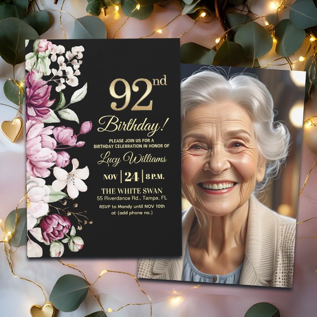 Convite Elegant Floral Gold 92 Birthday Photo (Criador carregado)