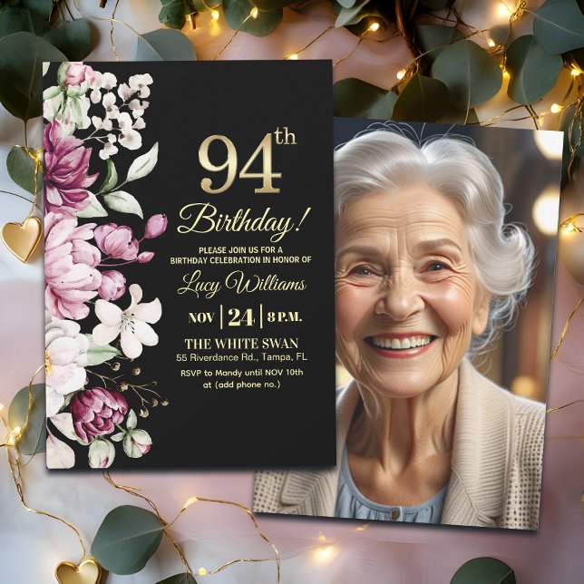 Convite Elegant Floral Gold 94 Birthday Photo (Criador carregado)