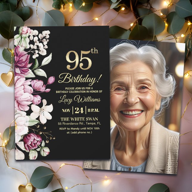 Convite Elegant Floral Gold 95 Birthday Photo (Criador carregado)