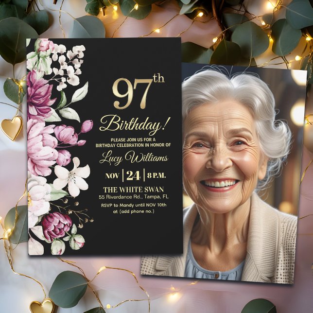 Convite Elegant Floral Gold 97 Birthday Photo (Criador carregado)