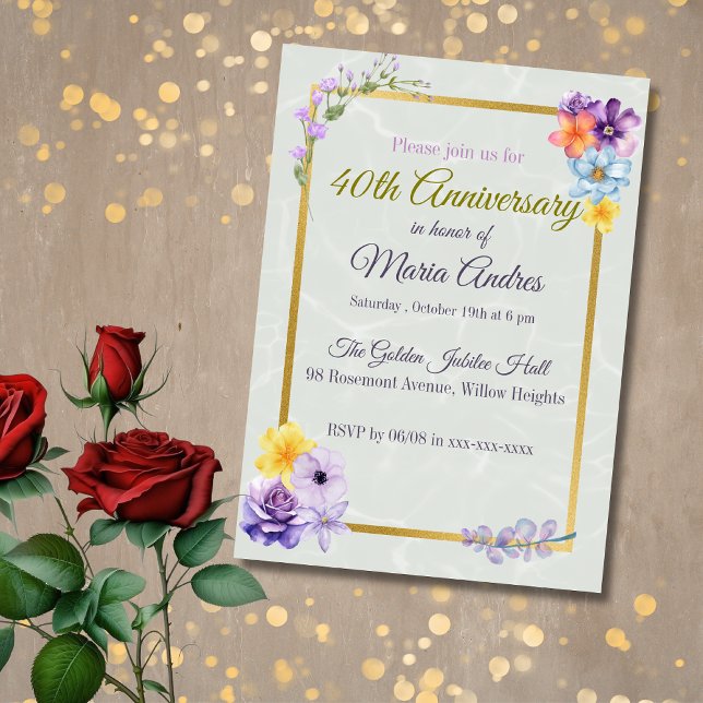 Convite Elegant Floral Gold Frame 40th Birthday Invitation (Criador carregado)