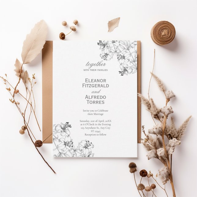 Convite Elegant Floral Line Art Wedding Invitation (Criador carregado)
