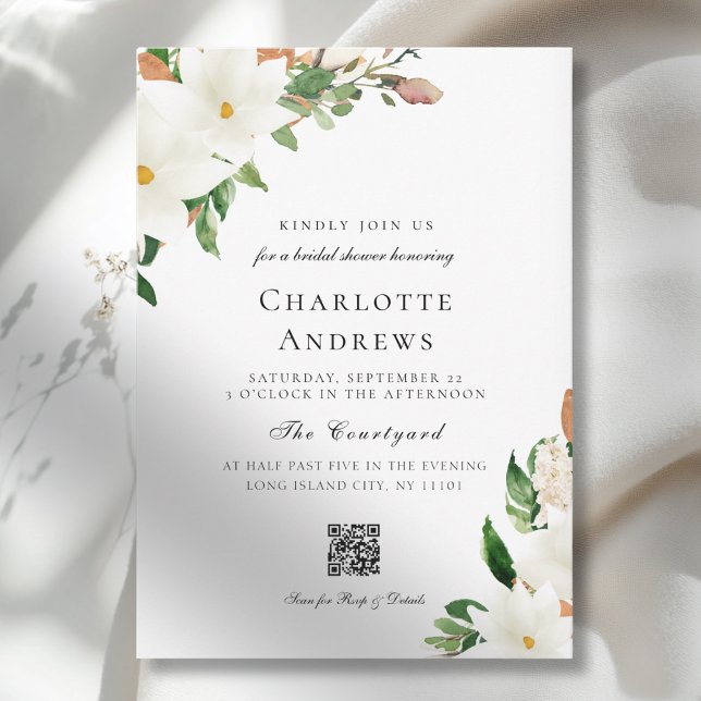 Convite Elegant  Floral Magnolia QR Code Bridal Shower (Elegant Floral Magnolia QR Code Bridal Shower Invitation)