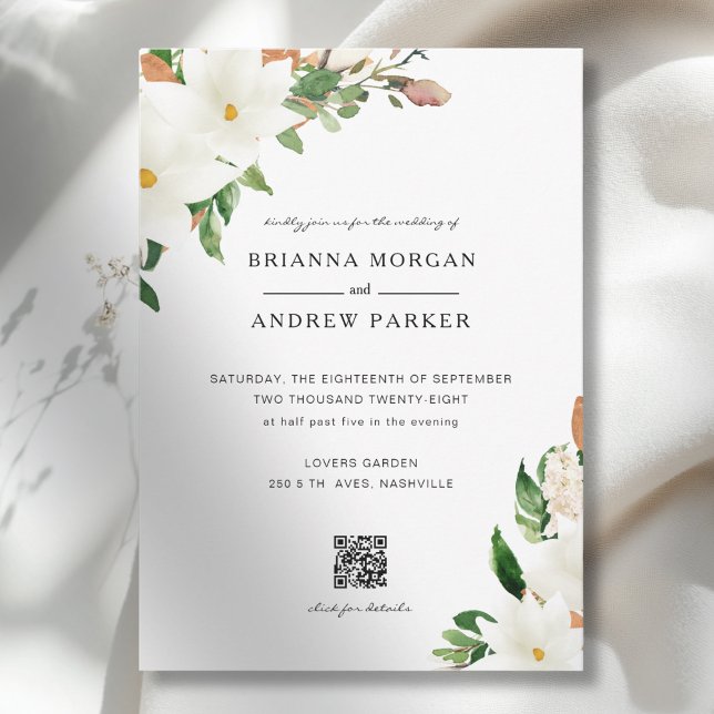 Convite Elegant Floral Magnolia QR Code Wedding (Elegant Floral Magnolia QR Code Wedding Invitation)