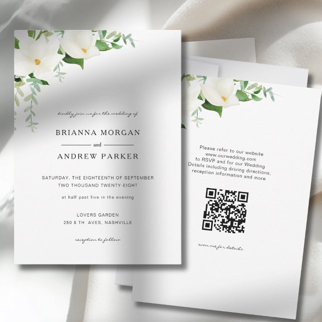 Convite Elegant  Floral Magnolia Wedding QR Code (Elegant Floral Magnolia Wedding QR Code Invitation)