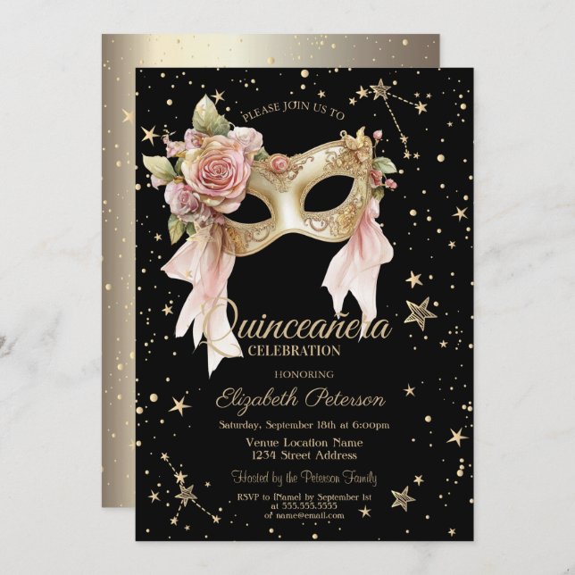 Convite Elegant Floral Masque Stars Black Gold Quinceañera (Frente/Verso)