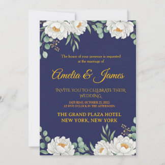 Convite Elegant Floral Navy Blue Wedding Invitation