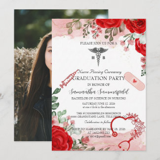 Convite Elegant Floral Nursing Graduation Invitation | Red