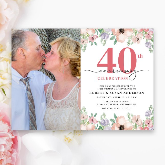 Convite Elegant Floral Photo 40th Wedding Anniversary (Criador carregado)