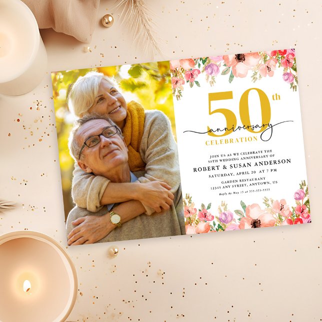 Convite Elegant Floral Photo 50th Wedding Anniversary (Criador carregado)