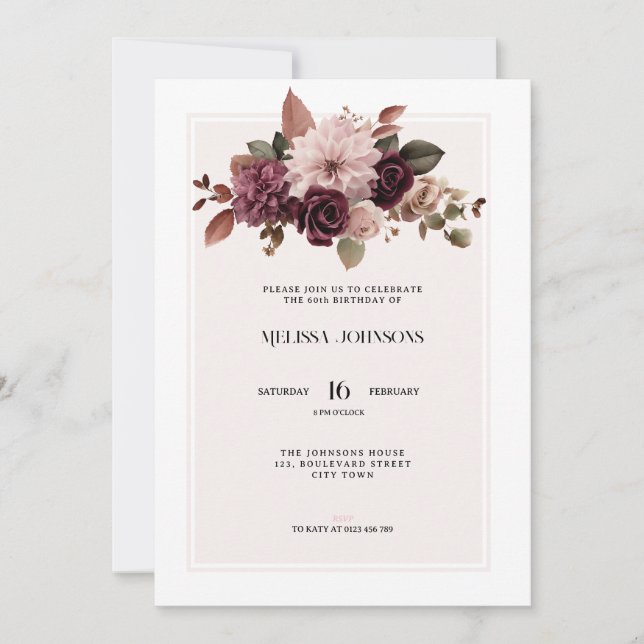 Convite Elegant Floral Pink 60th Birthday Invitation (Frente)
