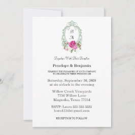 Convite Elegant Floral Pink Peony Monogram Wedding